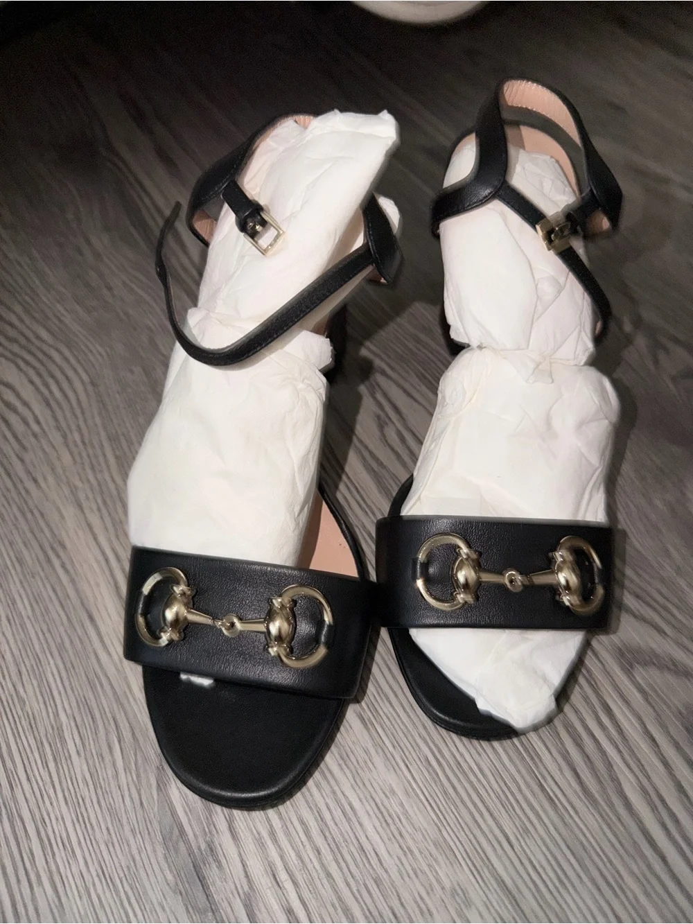 Gucci Black Leather Sandals with Gold Horsebit